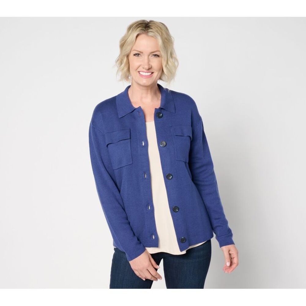 Isaac Mizrahi Live! Women's Plus Sz Jacket 5X Button Front Sweater Blue A655439